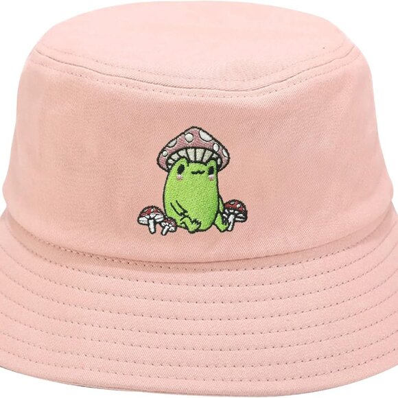 Embroidered Frog and Mushroom Bucket Hat Cotton Unisex Sun Cap for Outdoors - Picture 1 of 7